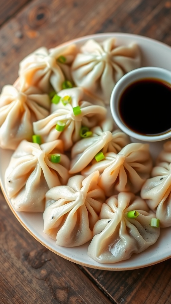 Plate of pork dumplings with soy sauce, garnished with scallions and sesame seeds.